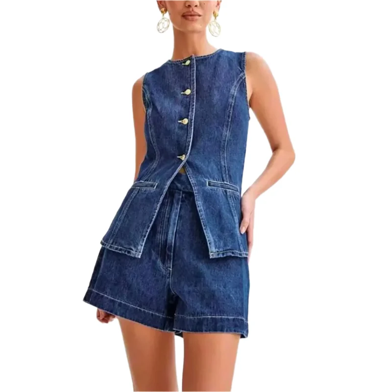 Dames Set Mouwloos Denim Hoge Taille Shorts Casual