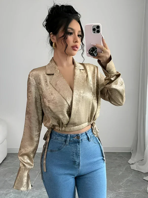 Gouden Top Dames Elegante Stijl Glanzende Stof voor Feestelijke Gelegenheden