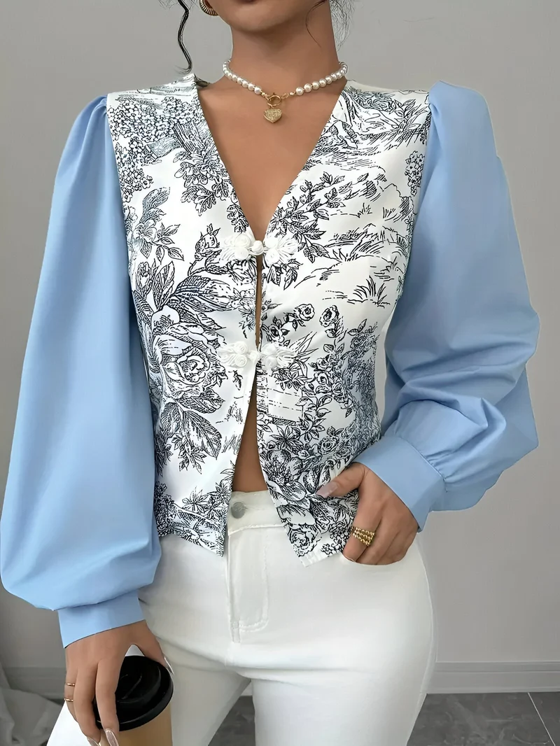 Dames Blouse V-hals Lantaarnmouwen Bloemendruk Katoen