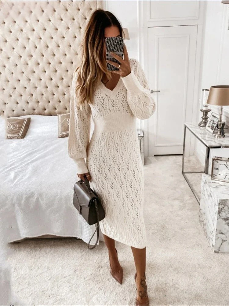 Dames Midi Jurk V-Hals Katoenblend Knie-Lengte Lange Mouwen