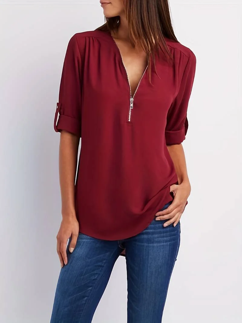 Dames Blouse Casual Met Roll-Up Mouwen En Halve Rits Katoen