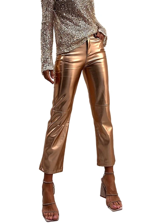 Dames Cropped Broek Metallic Kunstleer Rechtdoor