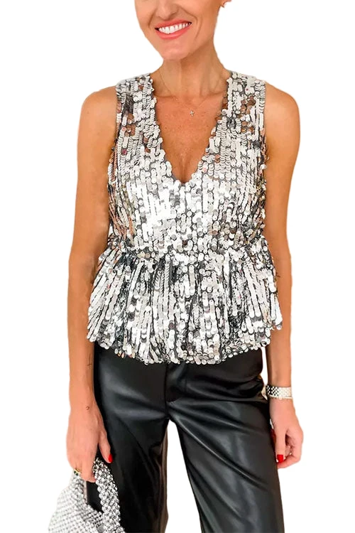 Dames V-hals Tanktop met Ruches en Pailletten