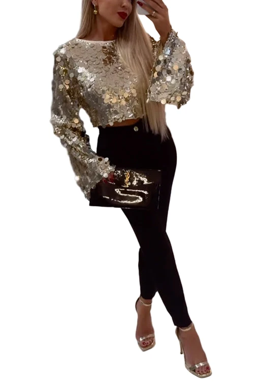 Dames Crop Top met Lange Klokmouwen en Metallic Pailletten