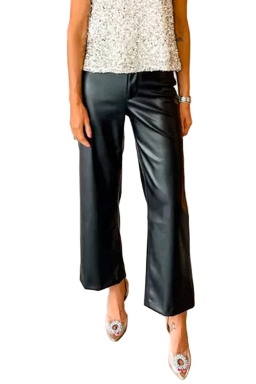 Dames Kunstleren Broek met Rechte Pijpen en Knoopsluiting